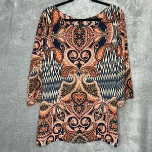 Rose & Olive 1X Shirt Top Orange Paisley 3/4 Sleeve Scoop Neck Zipper Back